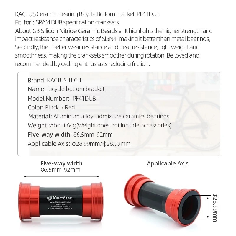 KACTUS PF41 Ceramic Bottom Bracket 28.99mm - BB92 / BB86 dub for Sram - Lightweight for Road & Mountain Bike