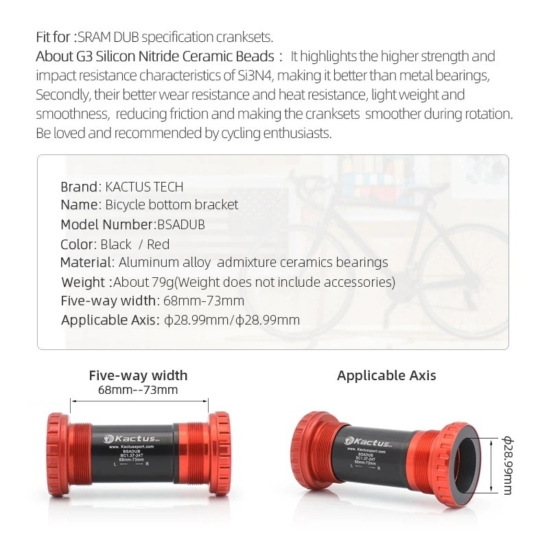 KACTUS BSA 68/73mm bb Ceramic central movement -Threaded for sram dub Crank