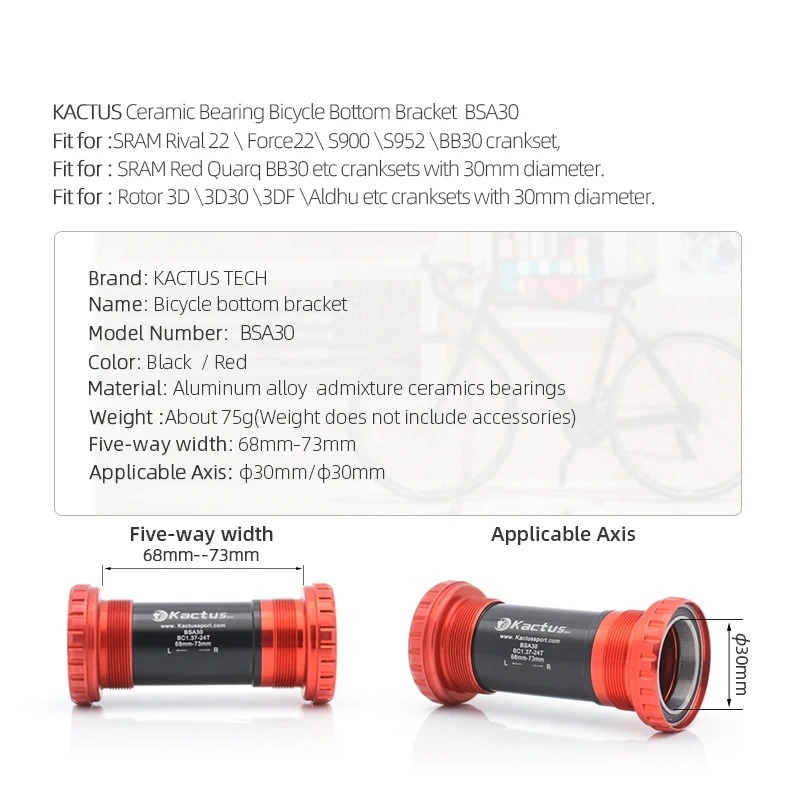 KACTUS BSA30 Threads Bottom Bracket 68/73mm Shell - Fits SRAM 30mm Cranks in BSA Frames