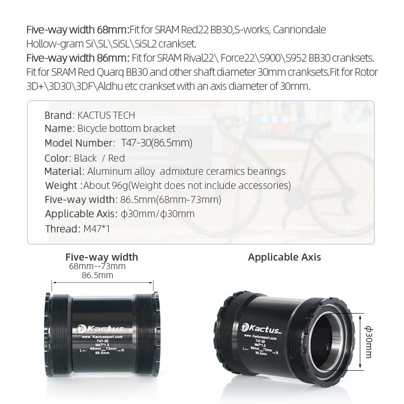 KACTUS T47 Bottom Bracket Ceramic 86.5mm Shell - Threaded for Gravel/road - fit for SRAM Rival22 Crankset 30MM Cranks