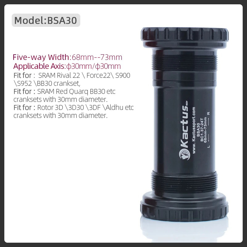 KACTUS BSA30 Threads Bottom Bracket 68/73mm Shell - Fits SRAM 30mm Cranks in BSA Frames