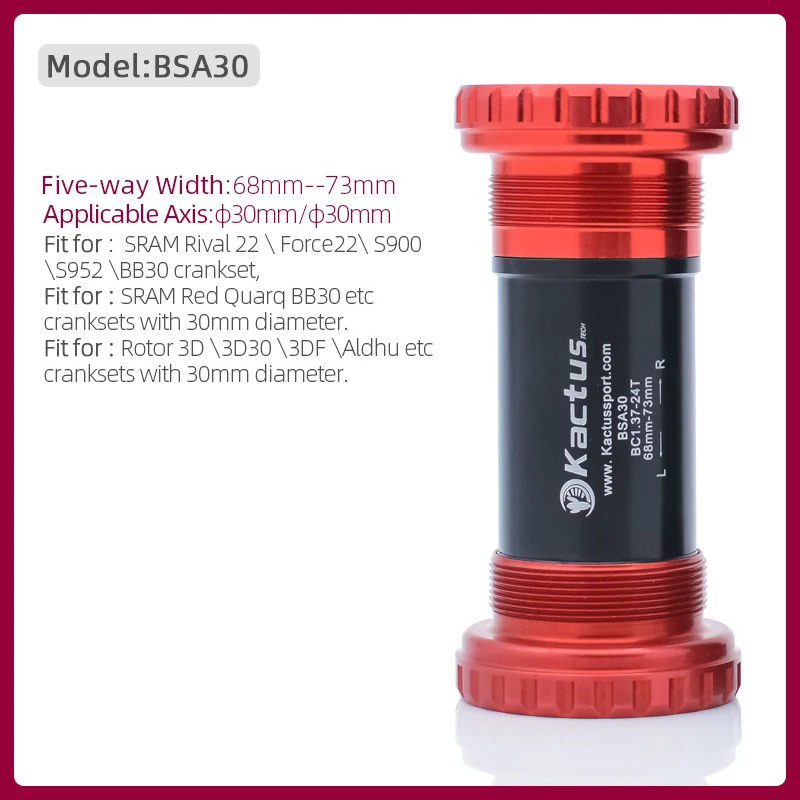 KACTUS BSA30 Threads Bottom Bracket 68/73mm Shell - Fits SRAM 30mm Cranks in BSA Frames