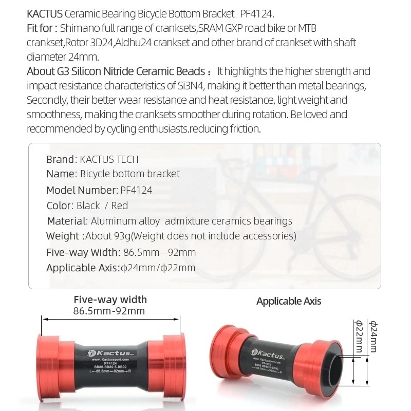 KACTUS PF41 Ceramic Bottom Bracket - for Shimano 24mm - Low Friction - For Bike BB86/92