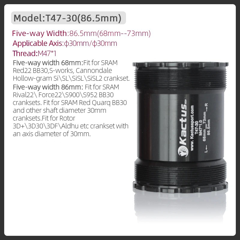 KACTUS T47 Bottom Bracket Ceramic 86.5mm Shell - Threaded for Gravel/road - fit for SRAM Rival22 Crankset 30MM Cranks