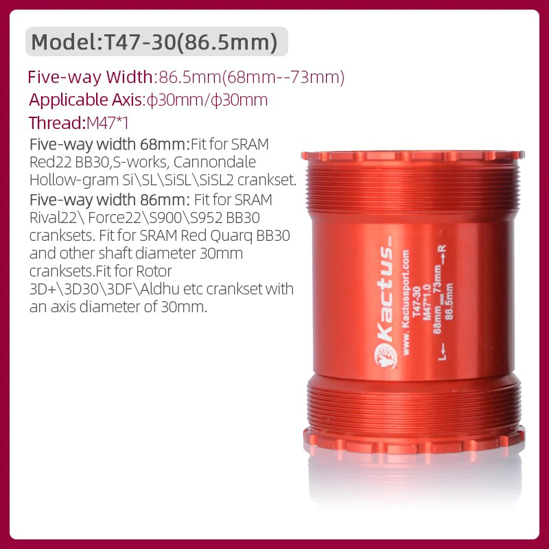 KACTUS T47 Bottom Bracket Ceramic 86.5mm Shell - Threaded for Gravel/road - fit for SRAM Rival22 Crankset 30MM Cranks