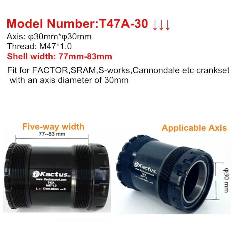 KACTUS T47A-30 Ceramic bike Bottom Bracket - fit for FACTOR 77-83mm shell - for 30mm Spindle crankset