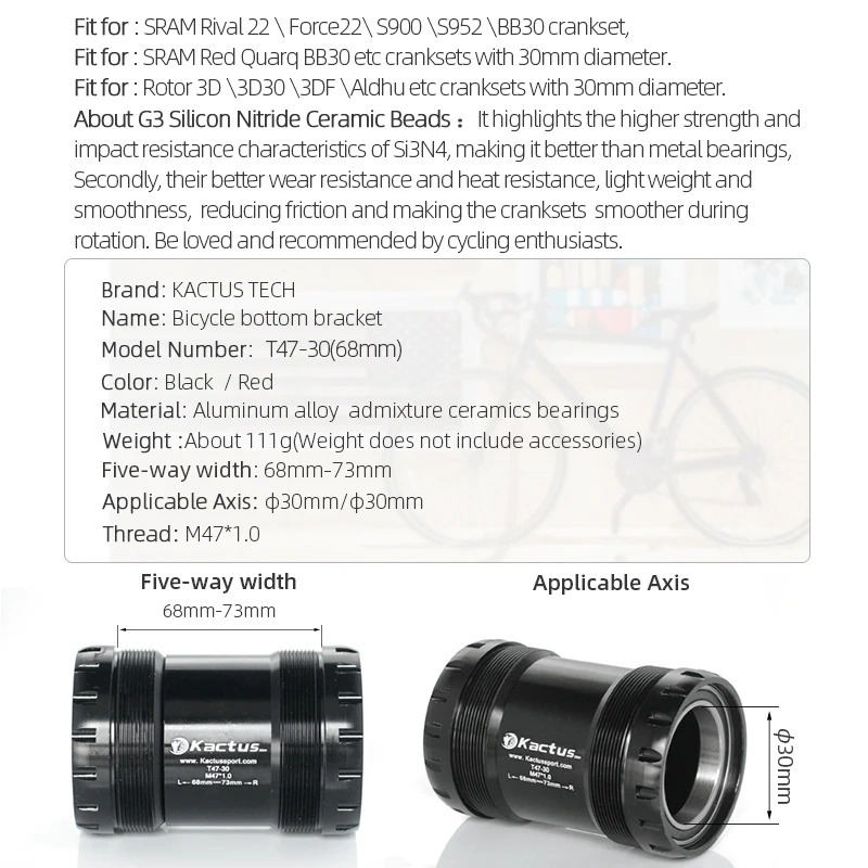 已修改完成KACTUS T47 68/73mm Ceramic Bicycle bottom brackets - fit for SRAM BB30 Rotor 30mm Cranks