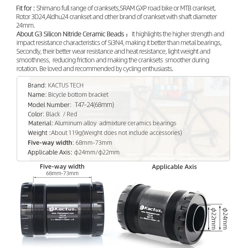 已修改完成KACTUS T47 Bottom Bracket Ceramic - Threaded 68/73mm - 24MM for Shimano Hollowtech 2 crank