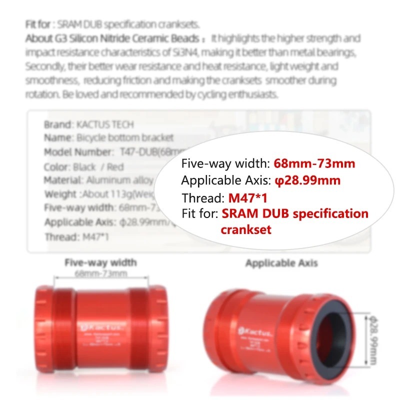已修改完成KACTUS T47 DUB Bottom Bracket Ceramic - Threaded BB for SRAM DUB Cranksets - Fits 68/73mm Shell