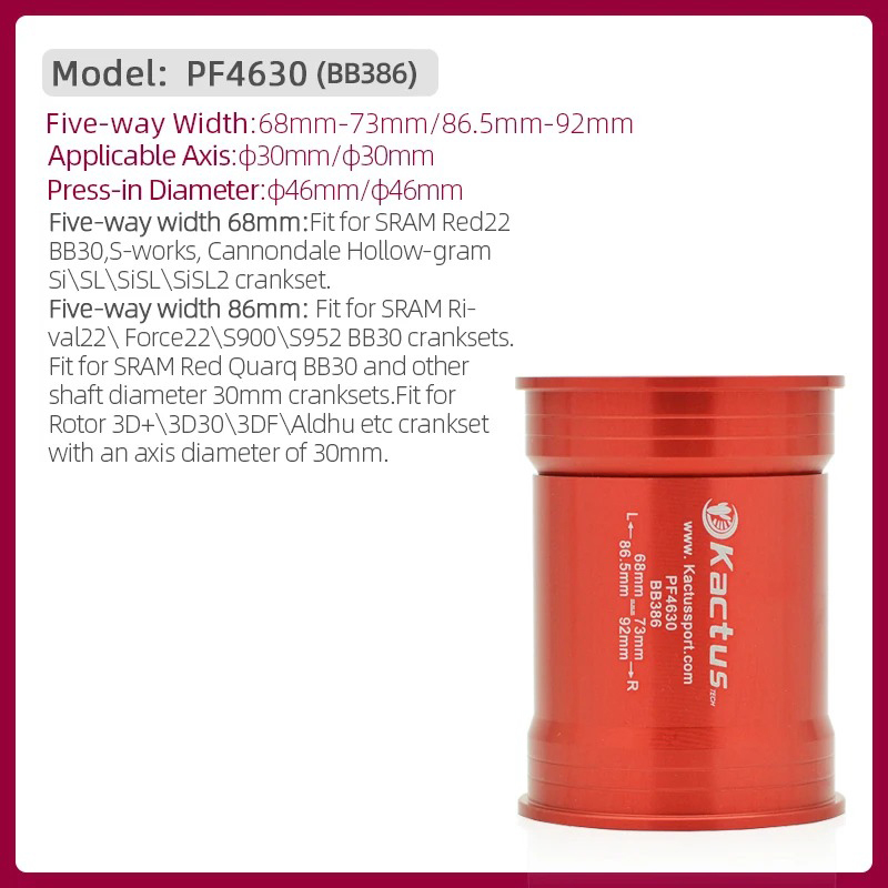 不修改完成KACTUS BB386 46mm Pressfit Bottom Bracket Ceramic - for 68-92mm shell -  for 30mm axis cranks
