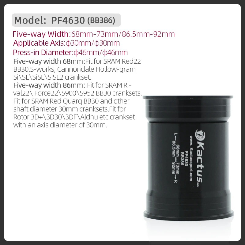 不修改完成KACTUS BB386 46mm Pressfit Bottom Bracket Ceramic - for 68-92mm shell -  for 30mm axis cranks