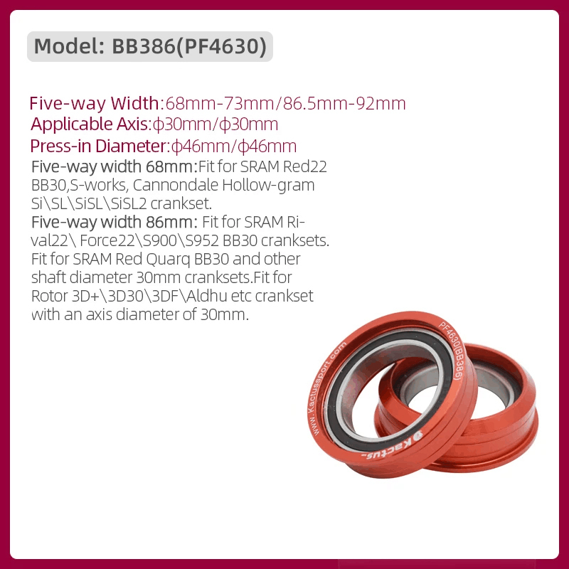 不修改完成KACTUS BB386 46mm Pressfit Bottom Bracket Ceramic - for 68-92mm shell -  for 30mm axis cranks