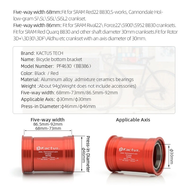 不修改完成KACTUS BB386 46mm Pressfit Bottom Bracket Ceramic - for 68-92mm shell -  for 30mm axis cranks