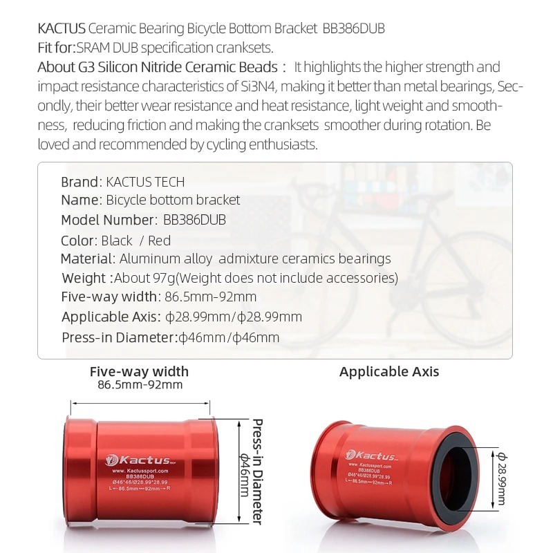 不修改完成KACTUS BB386 DUB Bottom Bracket Ceramic - Press Fit 86.5/92mm - fit for SRAM DUB crankset