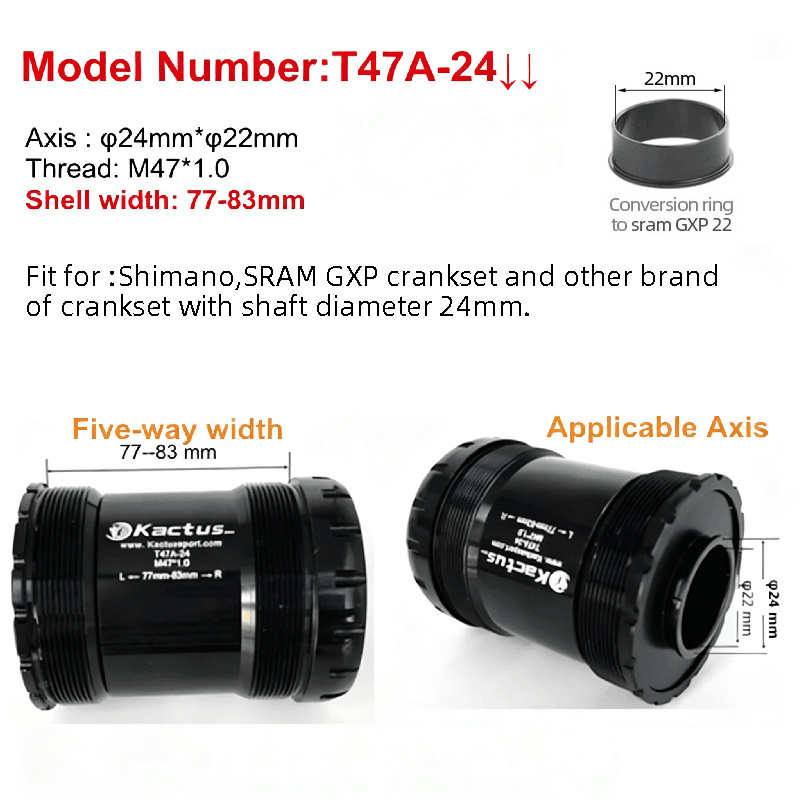 KACTUS T47 Bottom Bracket Asymmetric - 77/83mm Ceramic bearing - fit for shimano 24mm cranksets
