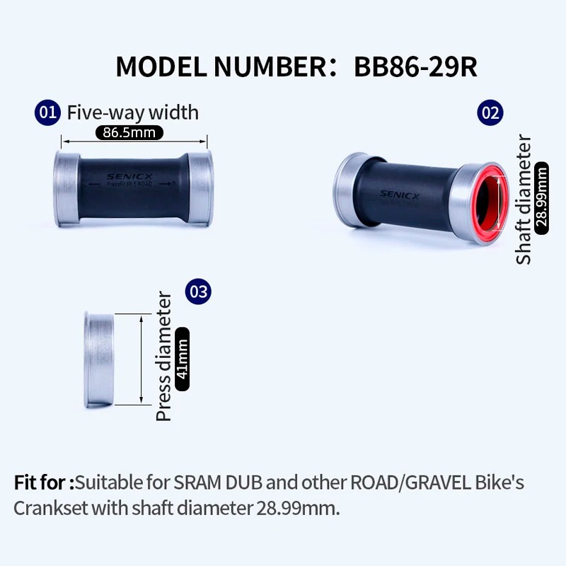 SENICX BB86 DUB Bottom Bracket Press Fit 41mm Ceramic - Suitable for SRAM DUB 28.99mm Axis