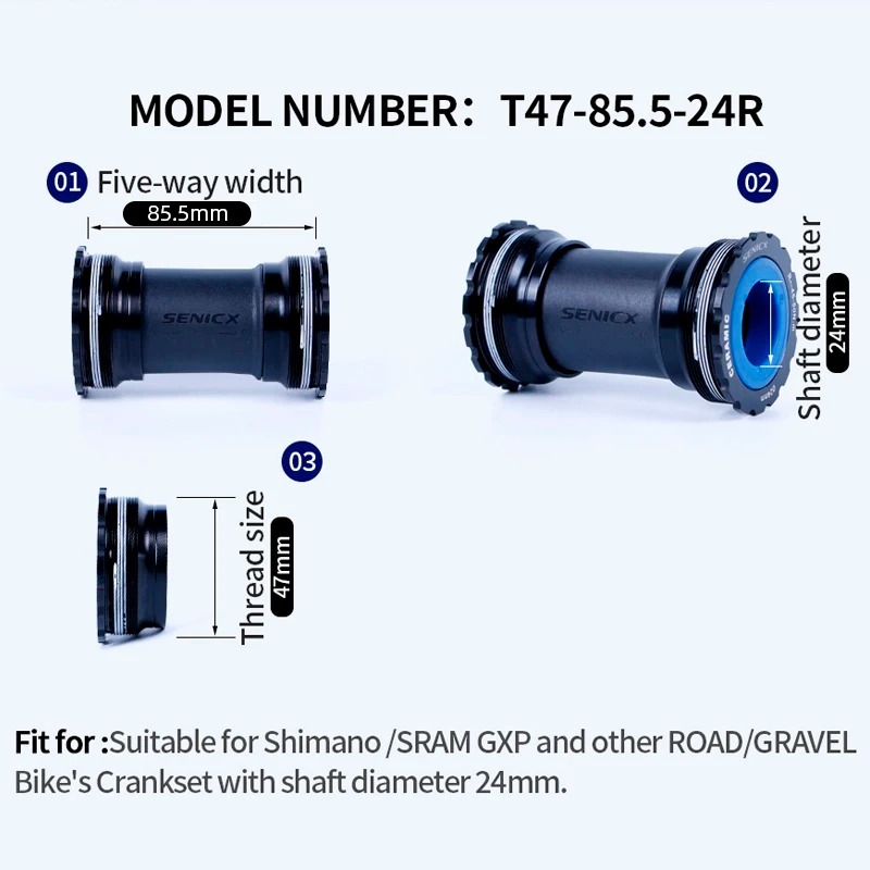 SENICX T47 Thread Bottom Bracket Ceramic - Fit for Shimano Road Gravel Bike Hollow Crank - Axis 24mm