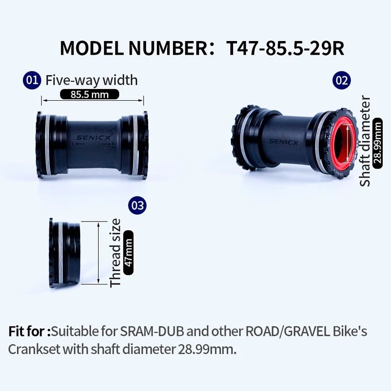 SENICX Bicycle Bottom Bracket Ceramic T47 Thread Fit for SRAM DUB 28.99 Axis Road Gravel Racing Bike Central Shaft High Quality
