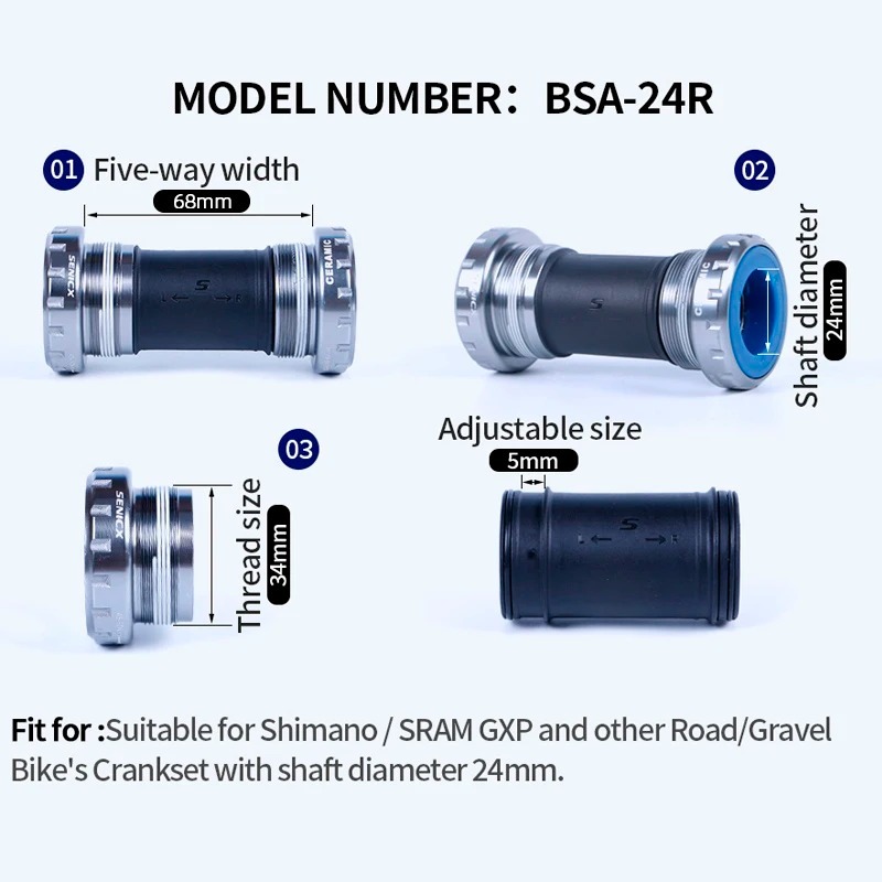 SENICX BSA Thread Road Bike Central Movement Ceramic - Suitable for Shimano Crankset 24mm Axis