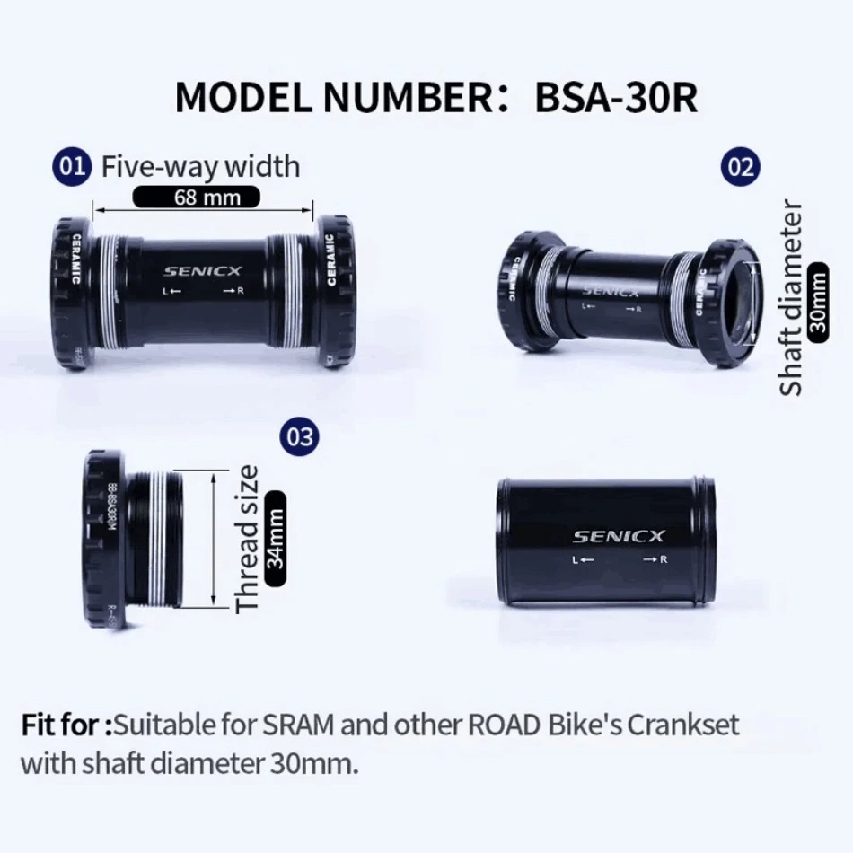 SENICX BSA30 Bottom Bracket Ceramic Bearing BB for 68mm Road Bicycle Suitable for SRAM Crankset Universal Bike Central Movement