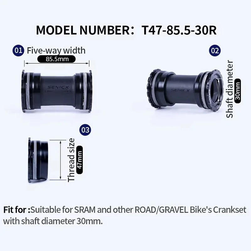 SENICX Bottom Bracket T47 BB Ceramic 85.5mm - Fit for SRAM BB386 EVO 30 Bicycle Crank