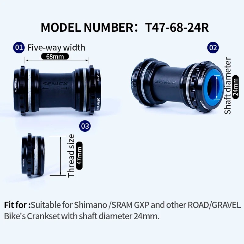 SENICX T47 68mm Ceramic Bottom Bracket - Suitable for Shimano Road Bike Crank 24mm