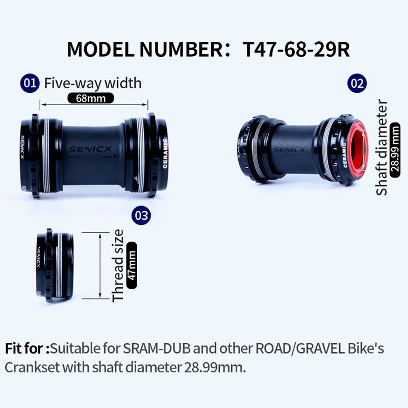 SENICX T47 Ceramic Bottom Bracket 68mm Shell Width  - Fit To SRAM DUB Crankset