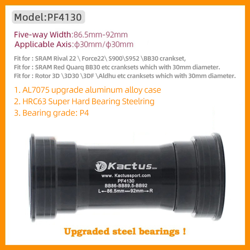 KACTUS BB86 BB92 30mm Bottom Bracket PF4130 - Upgraded Steel Bearings - fit for Rotor crank