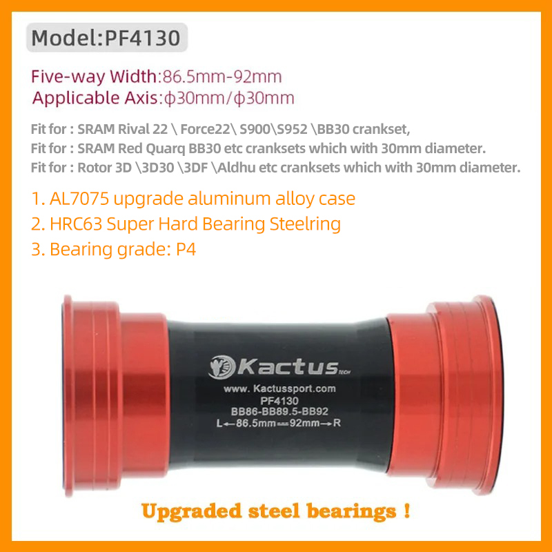 KACTUS BB86 BB92 30mm Bottom Bracket PF4130 - Upgraded Steel Bearings - fit for Rotor crank