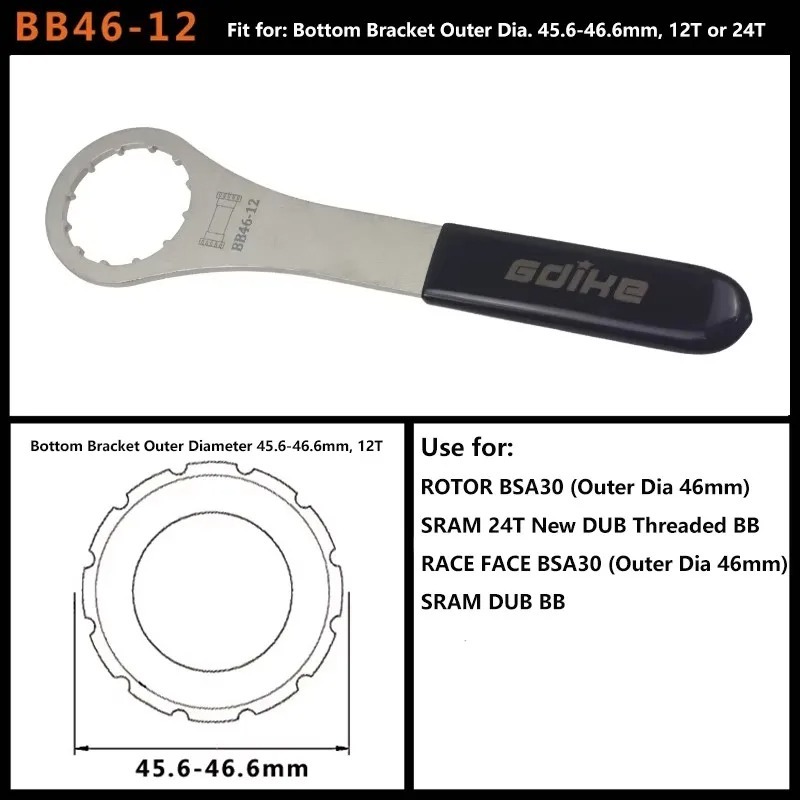 Bottom Bracket Tool 46-12notch BB Wrench Bike Tools Fit for SRAM 24T BSA-DUB and KACTUS BSA30 PF30 MTB Road Bicycle Repair Tool
