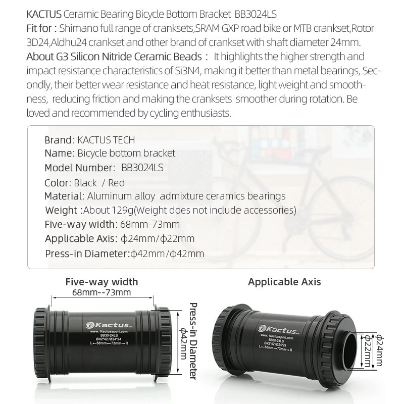 KACTUS BB30-24 LS - Ceramic Bearing Bottom Brackets - 68-73mm fit for 24mm Crankset