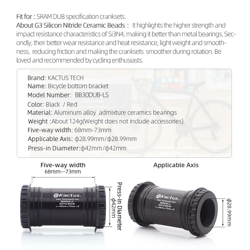 Bicycle Bottom Bracket BB30DUB-LS Ceramic Bearing - Fit for SRAM DUB Cranksets - Width 68-73mm