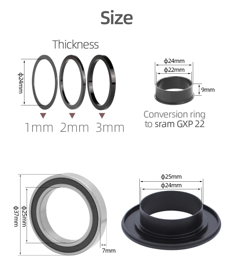 BB90-conversion ring, fits for SRAM GXP 22, size chart with 1/2/3mm thickness and 25mm outer diameter.