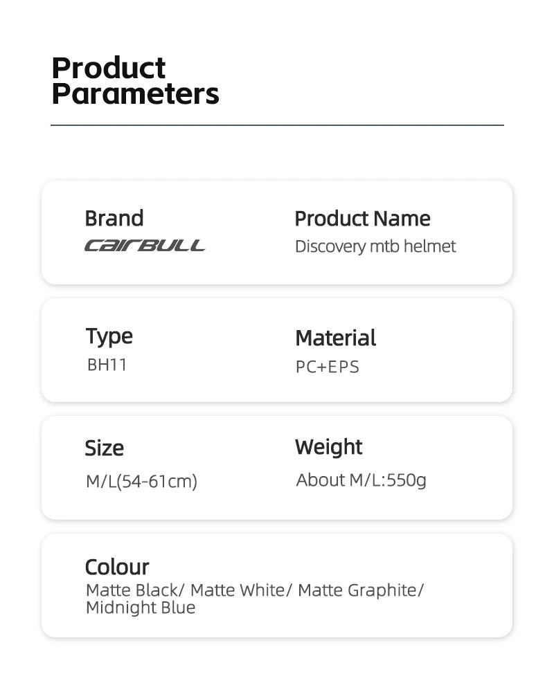 Carbull BH11 MTB helmet product specification table, material PC+EPS size 54-61cm weight 550g