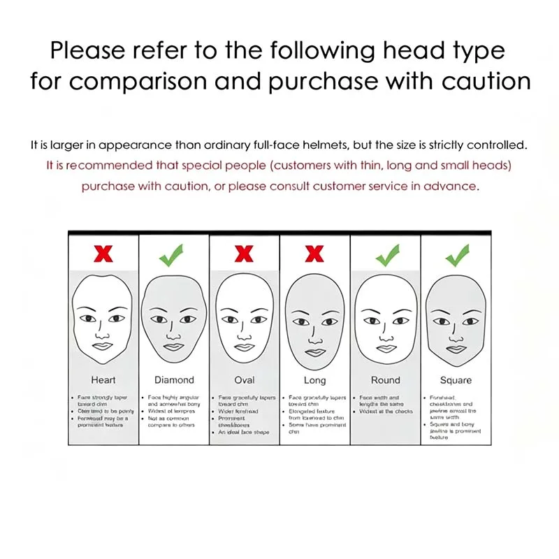 Guide for head shape selection for Carbull Discovery MTB full face helmet, diamond round square head suitable, long oval heart head not fit