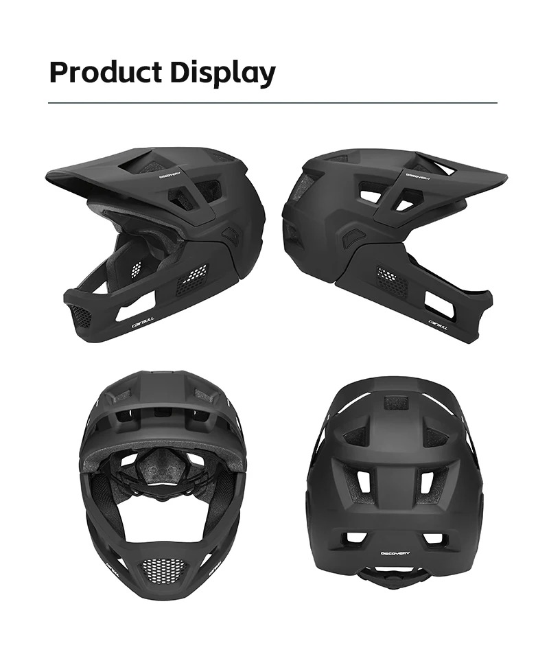 Multi angle product photos of Carbull Discovery removable full face MTB bicycle helmet
