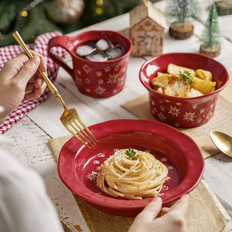 3pcs Christmas Cutlery Embossed Plate, Snowflake Steak Western Plate, Creative Simple Ceramic Dessert Dinner Set