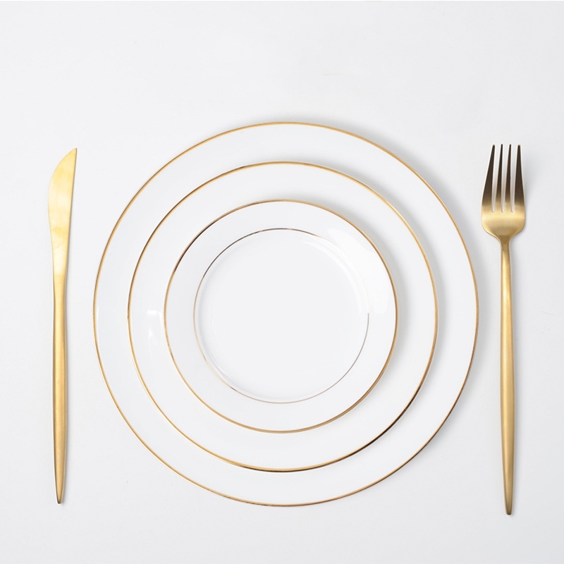 Gold Rimmed Ceramic Plate European Style Steak Plate Porcelain Hotel Dinner Plate Western Cuisine Serving Plate
