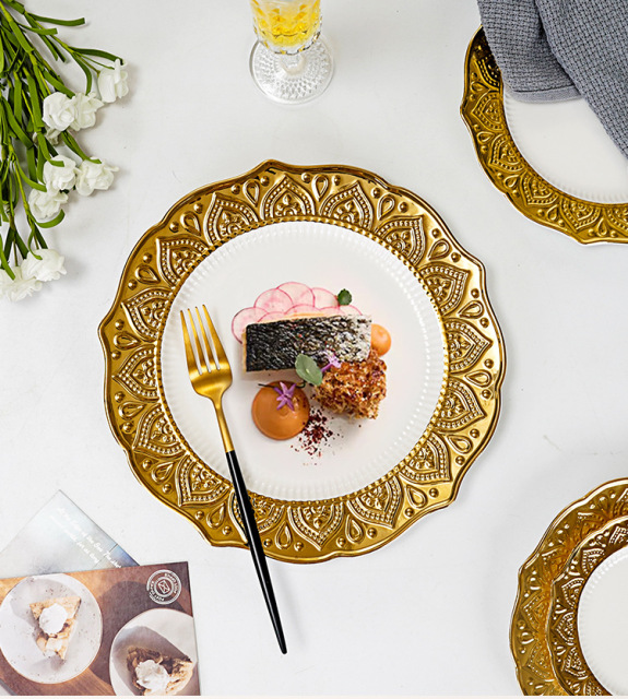 European-style high-end embossed electroplated gold-edge ceramic plate