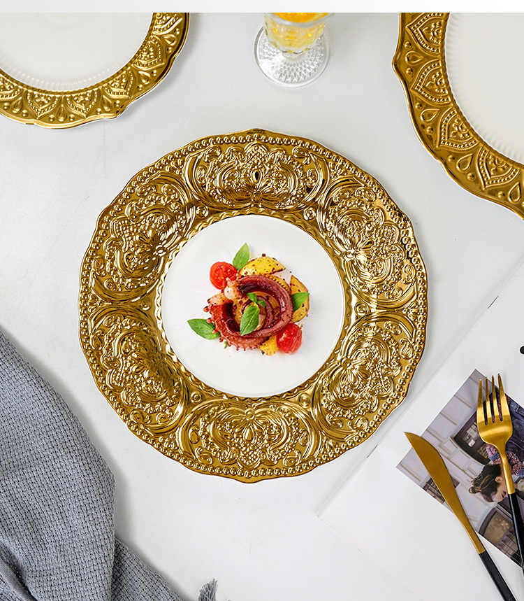European-style high-end embossed electroplated gold-edge ceramic plate
