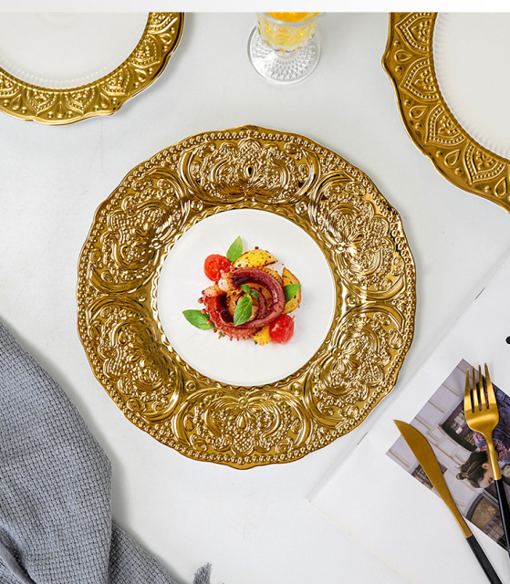 European-style high-end embossed electroplated gold-edge ceramic plate