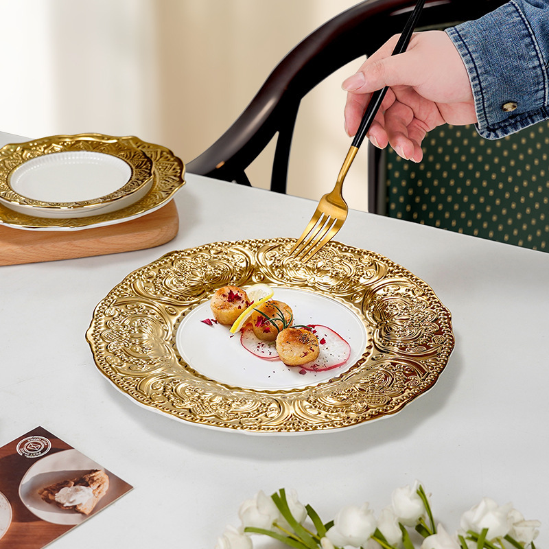 European-style high-end embossed electroplated gold-edge ceramic plate