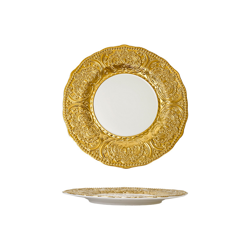 European-style high-end embossed electroplated gold-edge ceramic plate