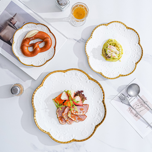 teak plates, creative relief ceramic tableware, Western plates, Nordic breakfast plates, home vegetable plates, salad plates