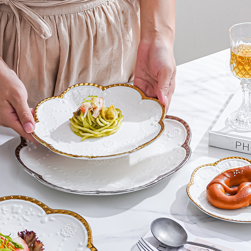 teak plates, creative relief ceramic tableware, Western plates, Nordic breakfast plates, home vegetable plates, salad plates
