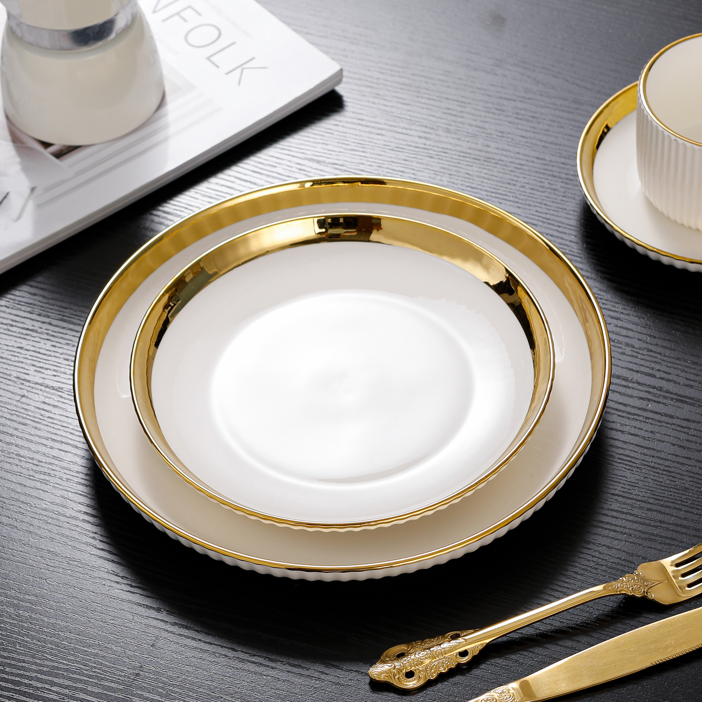 Custom 6pcs Wedding Use Matte Gold Ceramic Tableware Set