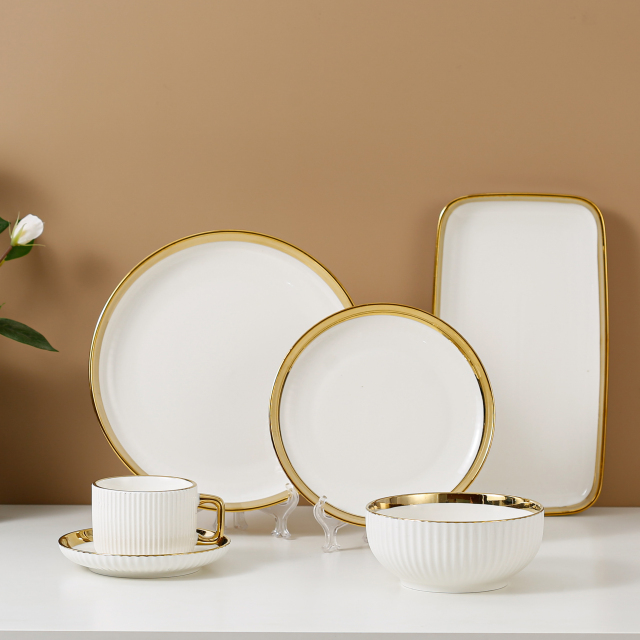 Custom 6pcs Wedding Use Matte Gold Ceramic Tableware Set