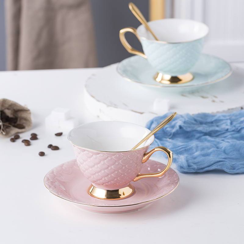 Elegant Mermaid Scale Ceramic Tea Cup Set with Gold Rim -Porcelain Cups and Saucers for Afternoon Tea