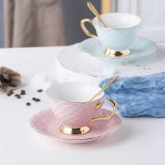 Elegant Mermaid Scale Ceramic Tea Cup Set with Gold Rim -Porcelain Cups and Saucers for Afternoon Tea
