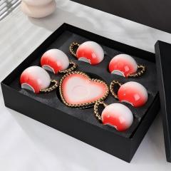 Luxury Pink Heart-Shaped Ceramic Cup& Saucer Set with Gold Chain Handle -6 Cups & 6 Saucers for Coffee/Tea Party